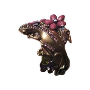 Chunky Purple Gecko Lizard Bracelet with Rhinestones and Flowers Silver Tone